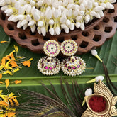 Vriksham Precious Gold Polish Kemp Jhumka-Red Green & White-Double Pearl-G20503